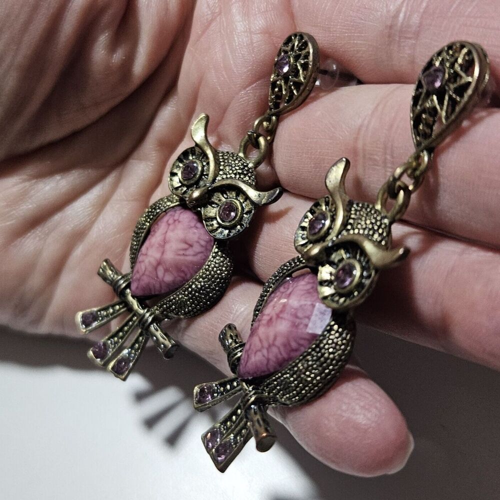 Gold Tone Dangling Owl With Purple Earrings - Picture 7 of 11